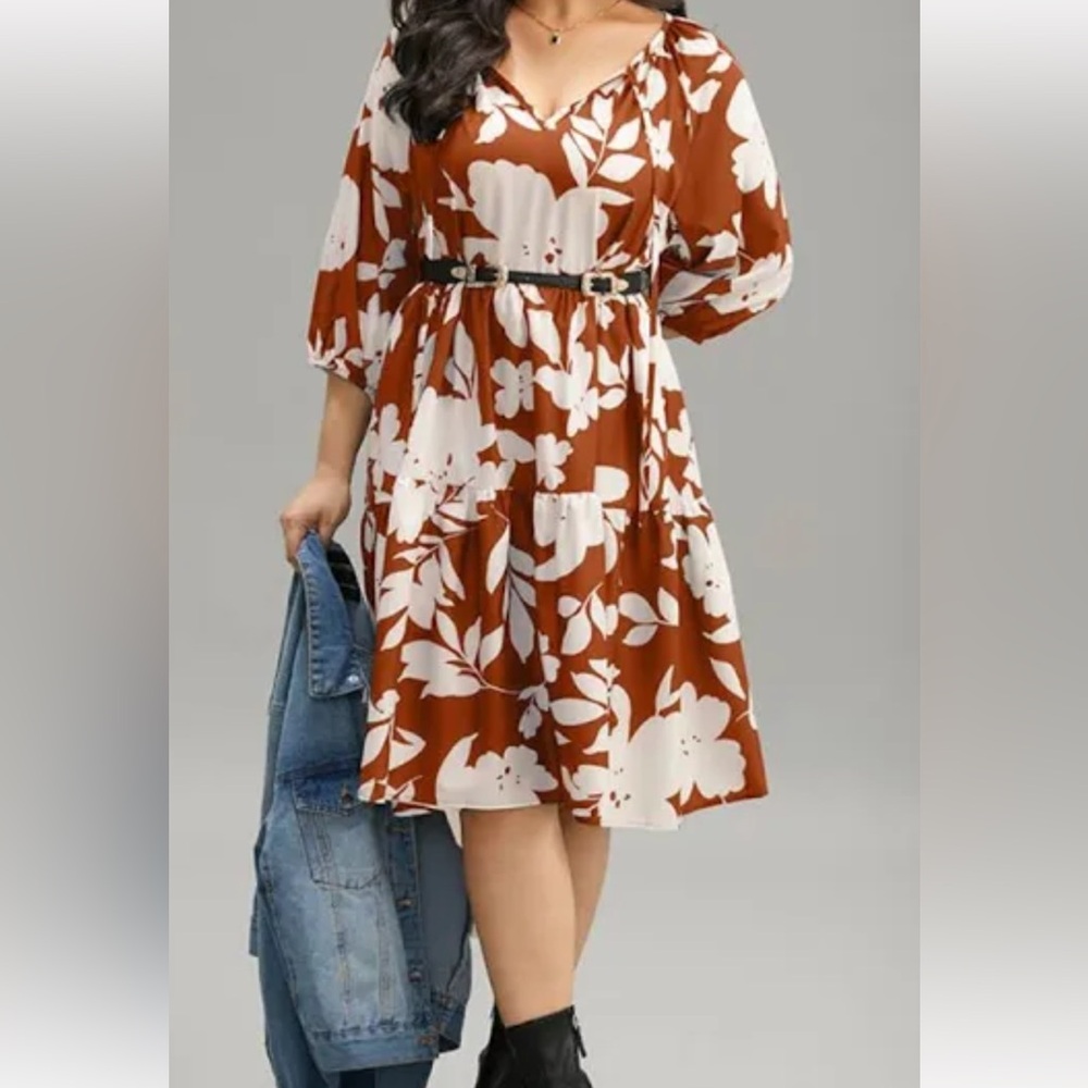 BloomChic babydoll dress lantern sleeve pockets tie at neckline brownish tiered